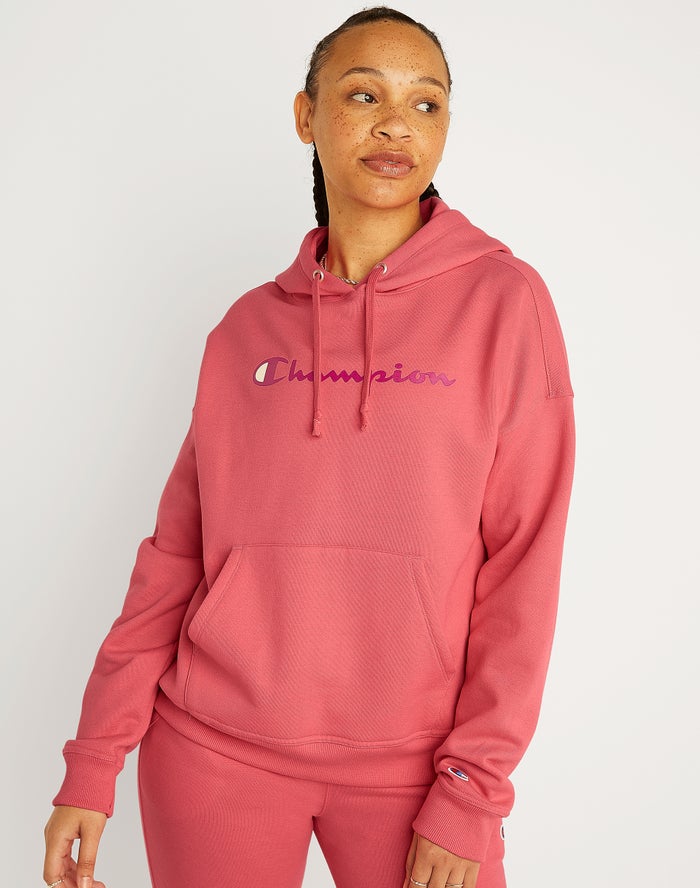 Champion Womens Hoodie NZ - Powerblend Fleece Relaxed Script Logo Coral ( 7294-LRVJM )